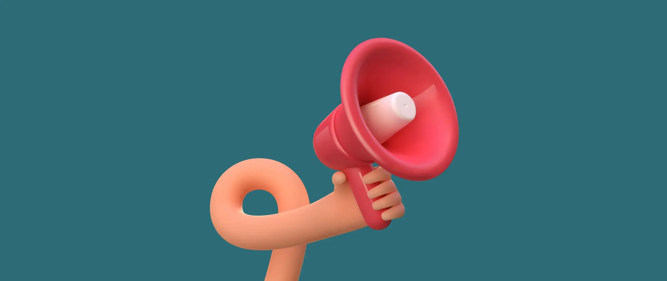 A 3D mockup of a noodle-like arm holding a megaphone.