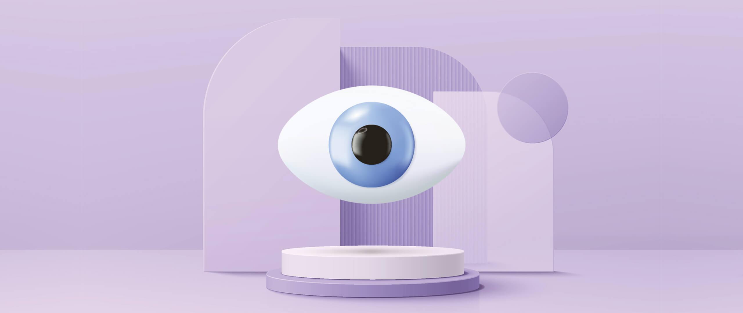 A mockup of a 3D eyeball, floating on a purple background.