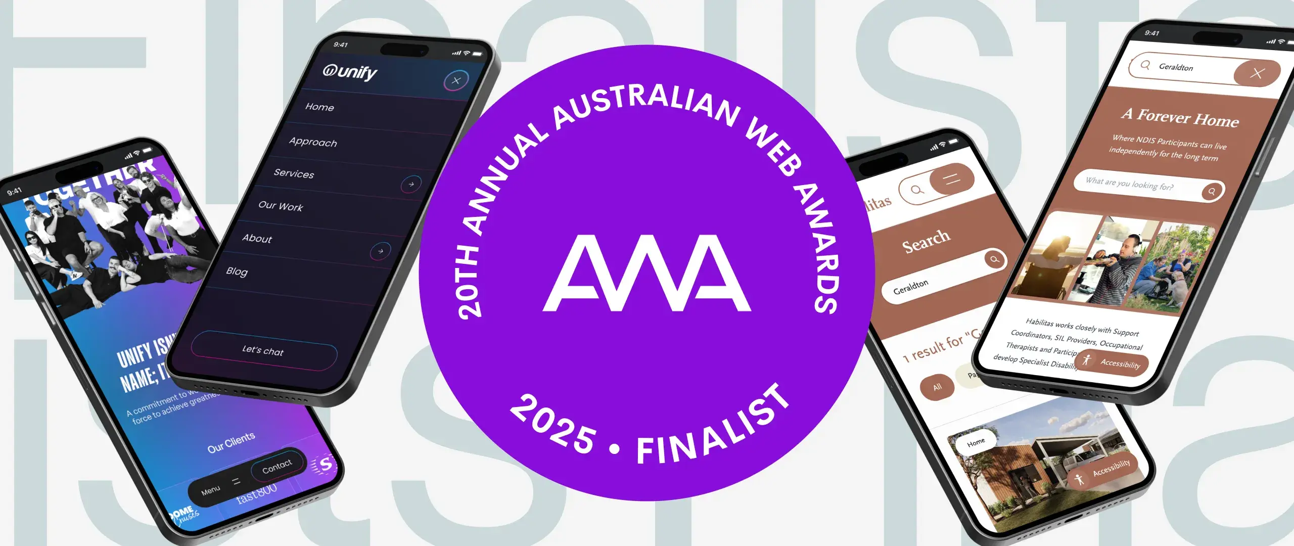 A mockup of some phones with websites we have built on them. There is a badge in the centre reading "20th Annual Australian Web Awards 2025 Finalist".